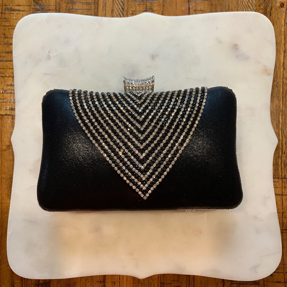 Rhinestone Black Satin Evening Clutch